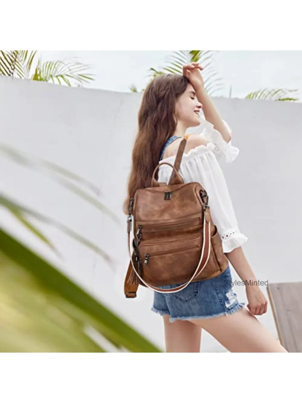 Large Vegan Leather Backpack Purse with Tassel for Women